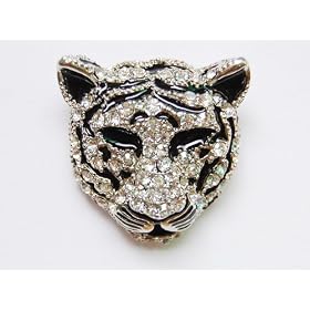 Crystal Rhinestone Black White Stripe Snow Tiger Brooch