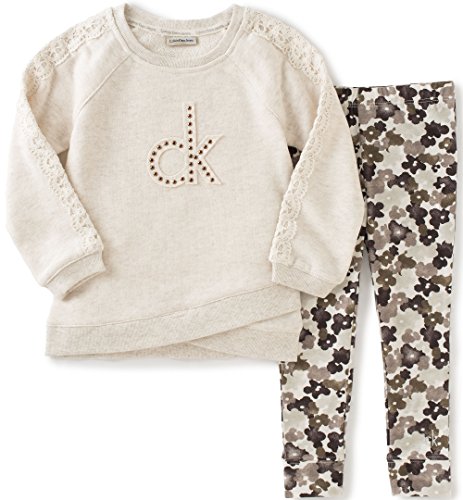 Calvin Klein Girls' Little Sweatshirt with Crochet Trim and Leggings Set, Oatmeal, 5