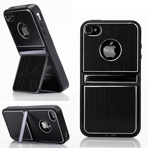 Cell Phones & Accessories BLACK Aluminum TPU Hard Case Cover W/Chrome Stand For iPhone 4 4G 4S & Screen Protectors + Stylus