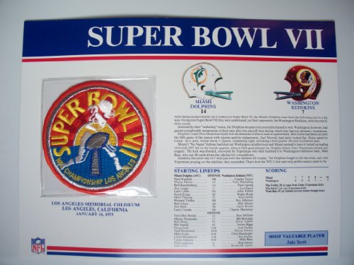 1972 Miami Dolphins vs Washington Redskins NFL Super Bowl 7 (VII) 1973 Jake Scott MVP Willabee Ward Patch and Stat Panel Card