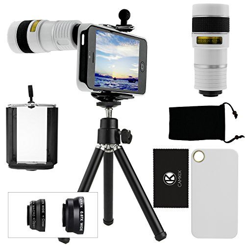 CamKix 9 Piece Camera Lens Kit for iPhone 5 including 1 White 8x Telephoto Lens / 1 Fish Eye Lens / 1 Macro Lens / 1 Wide Angle Lens / 1 Mini Tripod / 1 White Hard Case / 1 Universal Phone Holder / 1 Velvet Phone Bag / 1 Cleaning Cloth (White)