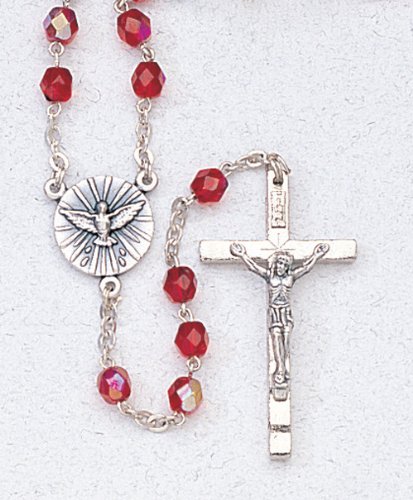 17" Silver Plated Rosary with 5mm Red Beads, Holy Spirit Emblem, and Crucifix - MADE IN ITALY
