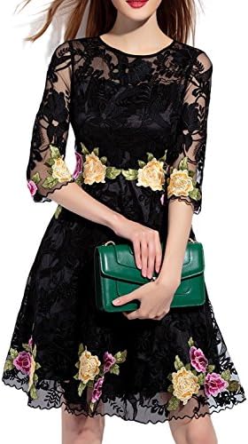TDress Fashion Dresses Scoop Short Sleeve Embroidered Dress Womens Clothing Size M Black