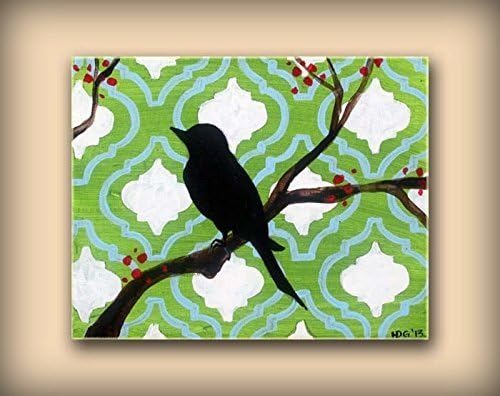 Bird Painting on Canvas featuring Green and Blue Moroccan Tile Pattern with Berry Branches and White Accents