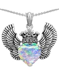 Genuine TRUE LOVE (tm) 925 Sterling Silver Created Opal Heart With Crown and Angel Wings Pendant