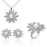 Stunning and Classy: Sterling Silver with CZ Diamond and Simulated White Pearl Sunflower Necklace Set with Earring and Ring