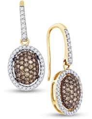 10K Yellow and White Two 2 Tone Gold Round Brilliant Cut Chocolate Brown and White Diamond - Oval Shape Halo Channel Set Dangle Earrings - (3/4 cttw.)