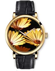 SPRAWL Aanalog Fashion Series Gold Ladies Watches of Genuine Black Leather Strap,Unique Wrist Watch for Women Girls Designed with Golden daisy