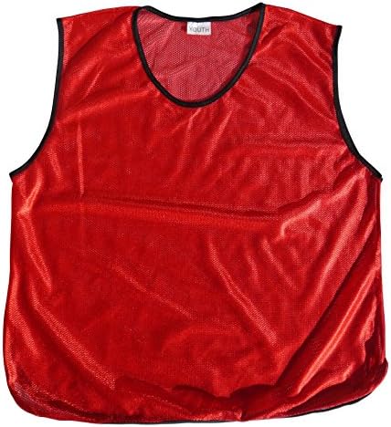 6 Youth Practice Jerseys, Pinnies, Bibs 100% Polyester for Ages 5-9, 10-15, & 16+(Red, Youth - 10-15)
