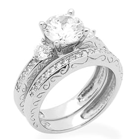 Sterling Silver Engagement Ring Wedding Ring 1.5ctw Cubic Zirconia Three Stone Ring Set: Jewelry