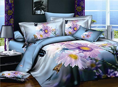 Visual Flowers and Butterflies Print Bedding Set, 100% Cotton Full Queen Size 3d Bedding Sets, 4pcs with Duvet Cover, Bed Sheet, 2*pillow Case(comforter Not Included) (Full)
