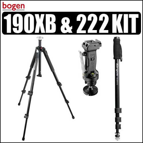 Manfrotto 190XB 3 Section Aluminum Tripod & Manfrotto 222 (was 3265) Grip Action Ball Head With Quick Release Plate & Bonus Monopod