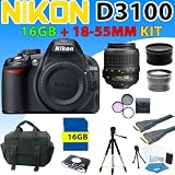 Nikon D3100 D-3100 Digital SLR Camera w/ Nikon 18-55mm F/3.5-5.6g Vr Af-s Dx Nikkor Lens + 3 Extra Lens, 16gb Sdhc Memory, Reader, Aluminum Tripod, Deluxe Camera Case, Hdmi Cable and More (16gb 4Lens Kit)