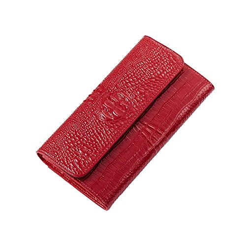 Tinyllet Womens Crocodile Bifold Leather Wallet Red