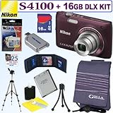 Nikon Coolpix S4100 14 MP Digital Camera (Plum) + 16GB Deluxe Accessory Kit ....