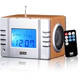 August MB300 Mini Wooden MP3 Stereo System and FM Alarm Clock Radio, with Card Reader, USB Port & AUX Jack (3.5mm Audio In), 2 x 3W Powerful Hi-Fi Speakers and Built-in Rechargeable Batteryby August