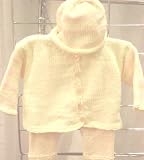 Knitted on Hand Knitting Machine Finished By Hand Crochet Natural Chenille with Light Pink Stripe Infant Girls Cardigan Pant Hat Set Sleeves and Hat with Four Stripes. Pant in Contrast Color