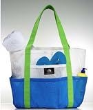 Mesh Family Beach Tote - White & Caribbean Blue Whale Bag w Orange Carabiner Hook by Saltwater Canvas