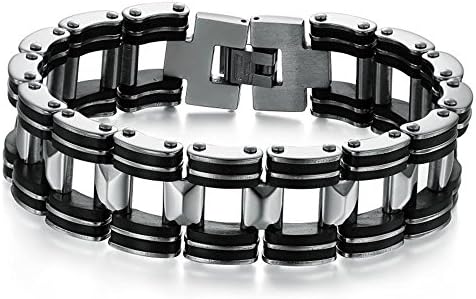 YSM Black Womens Mens Bracelet 8.2" Classical Stainless Steel Link Bracelet Two-Tone Genuine Silicone Bike Chain Bangle