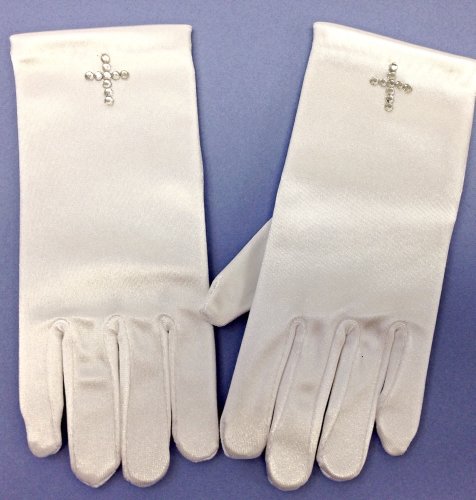 First Communion Gloves with Rhinestone Crystal Cross - Girls First Communion Gloves