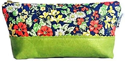 Green Floral Leather Pouch, Leather Makeup Bag, Zipper Pouch, Cosmetic Bag, Toiletry Bag