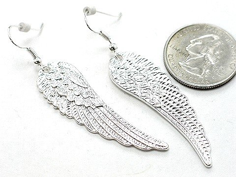 Trendy Bright Silver Tone Angel Wing Dangle Earrings 2 3/4