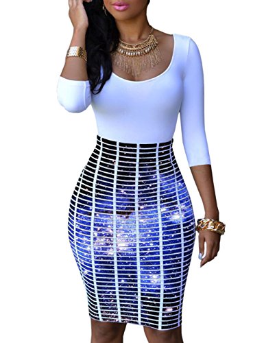 Ninimour Womens Slim Fit Hip Package Print Bodycon Dress Blue Galaxy L