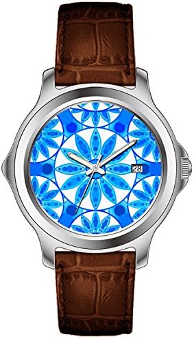 TXMY Unique Pattern Watches Fashion Leather Strap Band Calendar Display Watch Mandala pattern, cobalt blue, turquoise and white