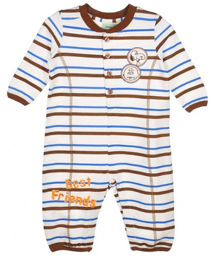 Franco Apparel Baby-Boys Newborn Peanuts Terry Coverall Rompers Set, Blue/Brown Stripes, 3 Months