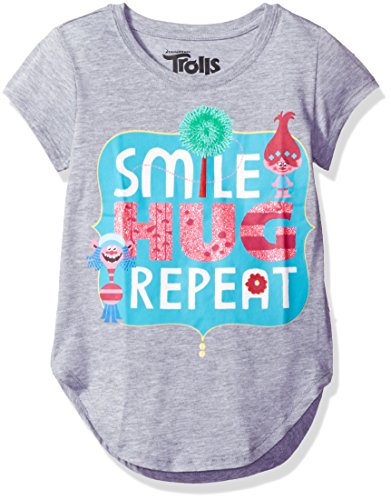 Trolls Girls' Big Girls' Smile Hug Repeat Short-Sleeved Long T-Shirt with Shirttail Hem, Heather Grey, M