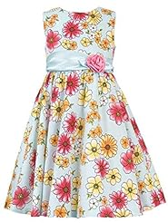 Girls Cotton/Polyester Chevron Print Floral Print Gathered Lace-Up  Mesh  Sleeveless Spring  Dress With a Bow(s) and a Ribbon  and a Sash  and Ruffles