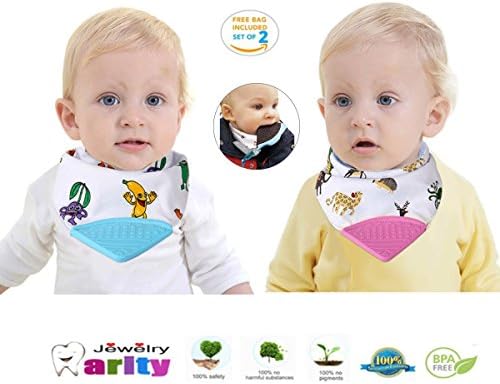 Baby Teething Bibs,2 Pack Cartoon animal Teether Bibs Reversible 2 in 1 Baby Drool Bibs with BPA Free Silicone Chewable Teether, Baby Bandana Drool Bibs for Boys and Girls Bandana Bibs
