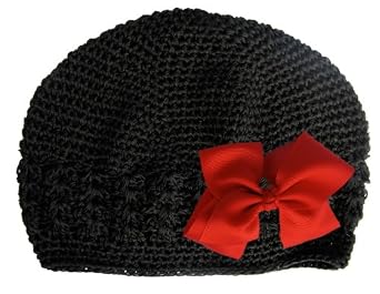 Black Crochet Beanie Hat with Red Hair Bow for Baby Girls