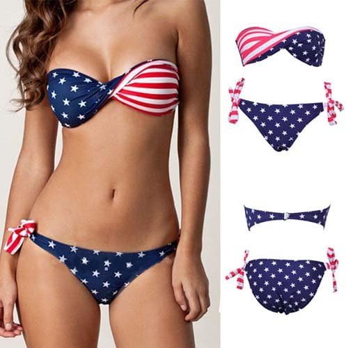 NewNow Two-Piece Stars and Stripes Padded Twisted Bandeau Tube American Flag Swimwear Bikini BRA S M L