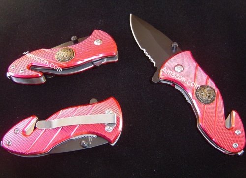 Spring Assisted Firefighter Rescue Tool Red Pocket Knife with Seat Belt Cutter + Glass... by Hanzo Steel