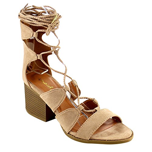 QUPID FC28 Women's Leg Wrap Gladiator Lace Up Stacked Chunky Heel Sandals, Color:TAUPE, Size:6