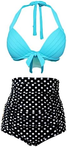 Cuteplus 50S Retro Vintage Floral Print High Waist Bikini SwimSuit for Women Girls (large, blue)