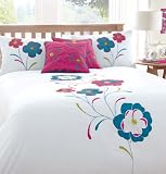 Luxury Bella White Pink Embroidered Polycotton Bedding Duvet Quilt Cover Set - Double Size