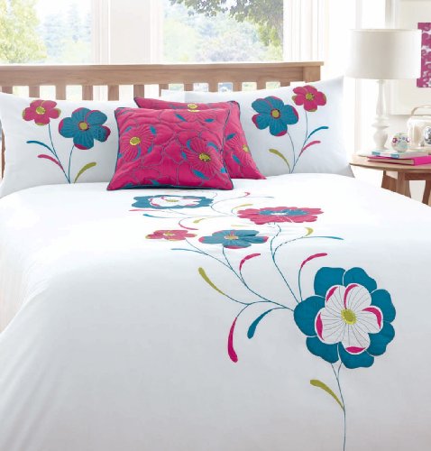 Luxury Bella White Pink Embroidered Polycotton Bedding Duvet Quilt Cover Set - Double Size