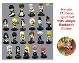 Hard to Find Naruto Set of 22 Figures and Unique Naruto Backpack Button - Set Features 2" Figures Including Sasuke, Orochimaru, Deva Path, Deidara, Uchiha Itachi, Sasori, Rock Lee, Gaara, Shikamaru Nara, Naruto, Kakashi, Iruka, Yakushi Kabuto, Yamato, Minato Namikaze, Yamanaka Ino, Tsunade, Hiashi Hyuuga, Kiba, Sai, and Jiraiya