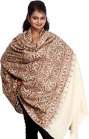 Clothes Sale : Exotic India Ivory Original Pure Pashmina Shawl with Hand Embroidered Flowers All-Over - Ivory On Amazon