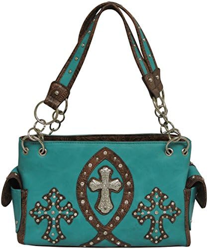 Concealed Carry Purse Christian Fish Symbol and Cross Rhinestones Handbag Turquoise