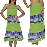 Womens Thai Boho Flowing Gathered / Smocked Bodice Crinkle Summer Dress / Skirt - Green & Blue (Size: one size)