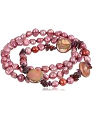 3 Piece Amaranth Freshwater Cultured Pearl and Garnet Stretch Bracelet, 7.5"