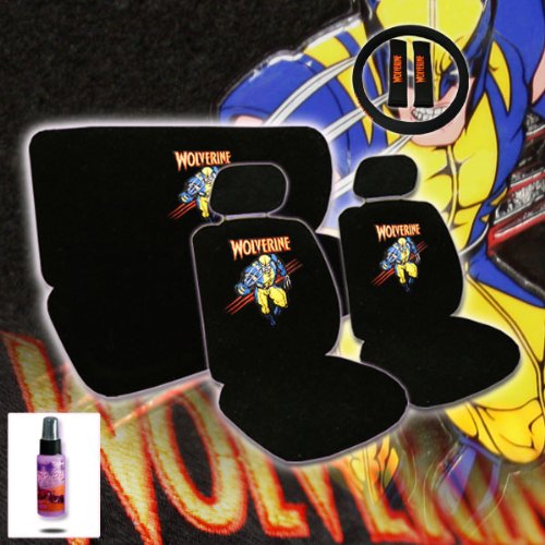  12 Piece Auto Interior Gift Set - 2 Xman Wolverine Design Front Universal Size Low Back Bucket Seat Covers (in 4 pieces), 2 Head Rest Covers, 1 Spiderman Logo Rear Seat Cover (in 2 pieces), 1 Steering Wheel Cover, 2 Shoulder Harness Pressure Relief Cover and a 2 oz Purple Slice Car Wash Free Detailer/Multipurpose Cleaner