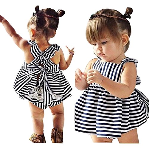 Gotd Baby Girls Sunsuit Outfit Stripe Backless Dress + Brief Infant Clothes (9M, Navy)