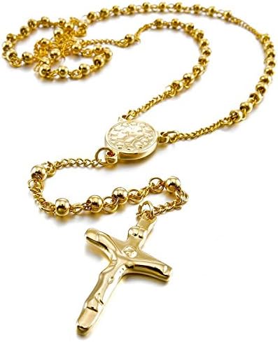 Men,women's Stainless Steel Pendant Necklace Gold Jesus Christ Crucifix Cross Rosary Vintage 23 Inch Chain
