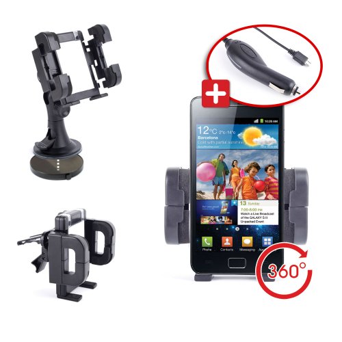DURAGADGET Support Voiture Multifonction 3 en 1 pour Samsung Galaxy S II, Samsung Galaxy S 2 - Support grille d'aération, pare-brise et tableau de bord + chargeur allume-cigare BONUS - Garantie à vie