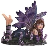 Small Young Purple and Blue Fairy Lying on Stomach in Garden Statue