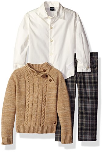 Nautica Boys' Three Piece Set with Shirt Mock Neck Sweater Vest and Plaid Pant